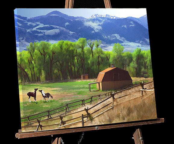 Montana Painting;Horses in farm under Gallatin Hills near Yellowstone.