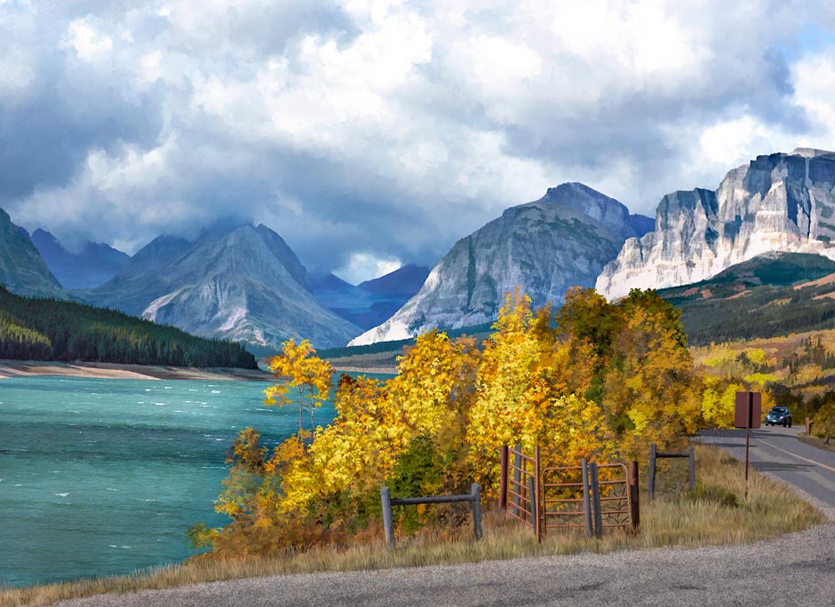 Many Glaciers Road along Lake Sherburne in Montana's Glacier National Park