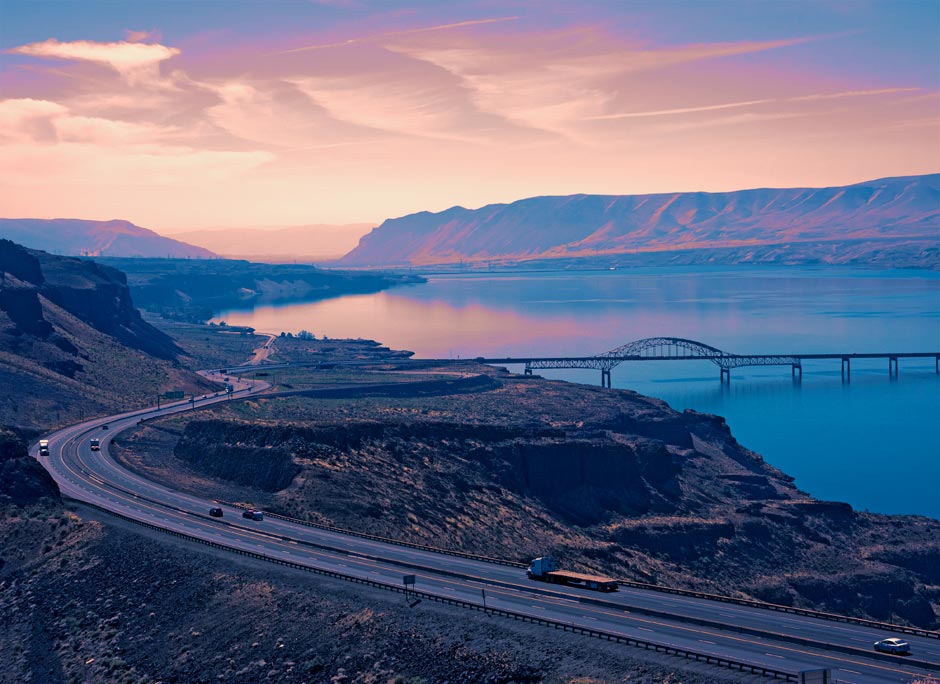 Vantage Bridge crossing Wanapum Lake near Ginkgo Park in Washington State