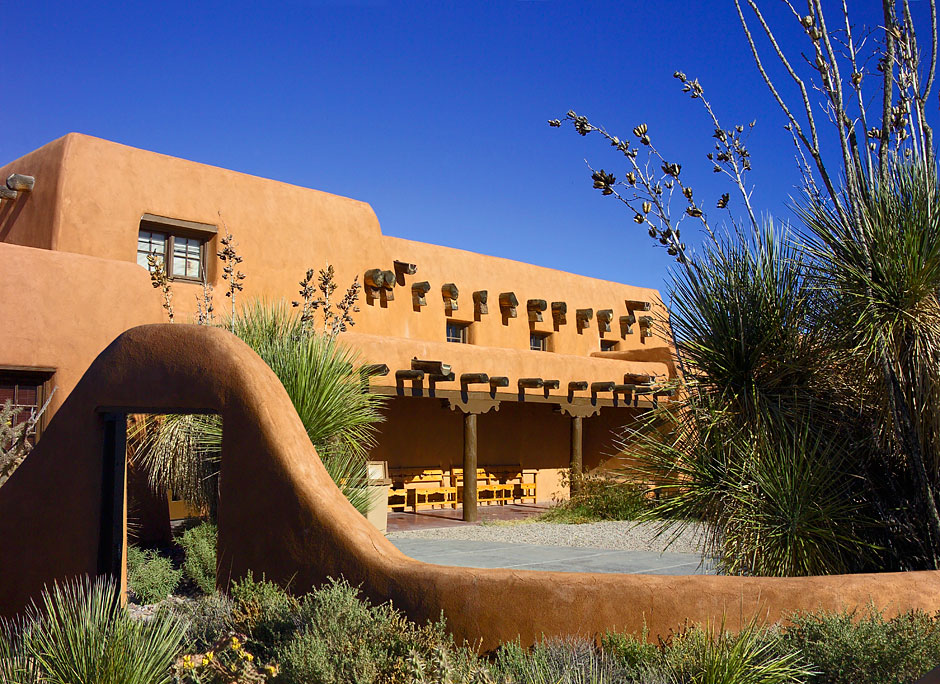 Buy this White Sands National Monument Visitor Center with adobe walls and cactus landscape photograph