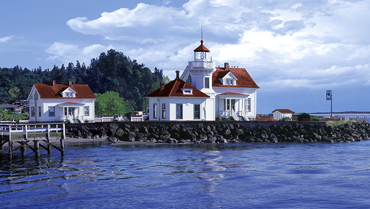 Mukilteo Lighthouse on the mainland as seen from ferry to Whidbey Island