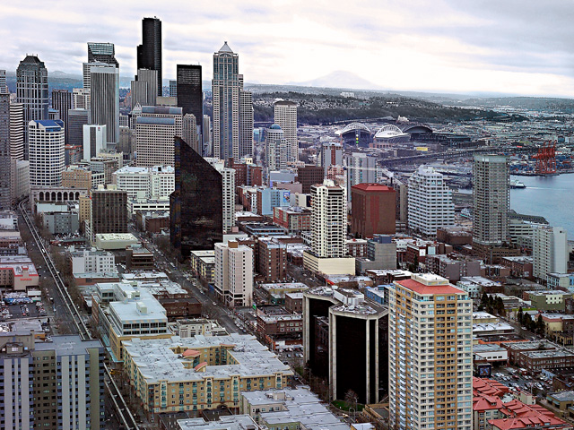 SE view from the Seattle Space Needle; Mt Rainier is visible