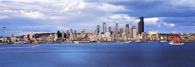 Seattle Skyline Panorama from Alki Park in West Seattle; Elliott Bay picture sold as framed photo or canvas