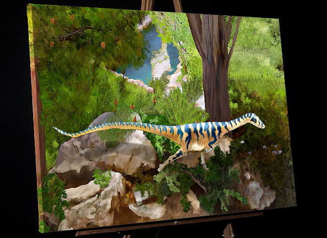 Landscape Art - Dinosaur Museum, Vernal Utah - photo to painting of Edaphosaurus, plant eating lizard of Permian Period