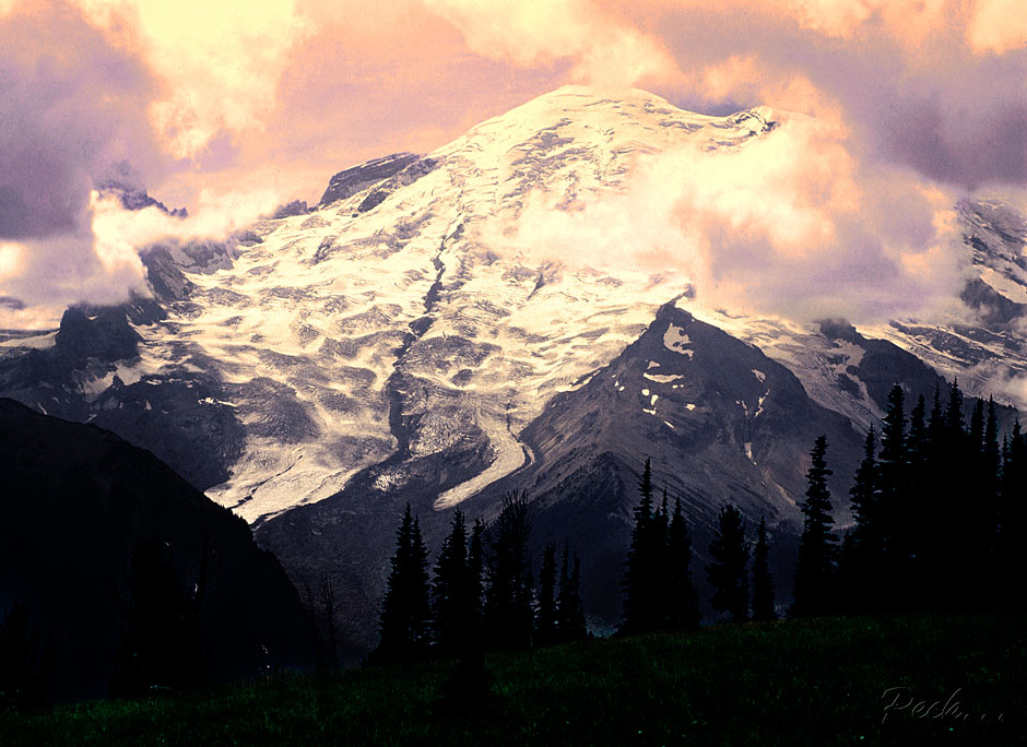 Buy this colorful sunset on Mount Rainier at twilight photograph