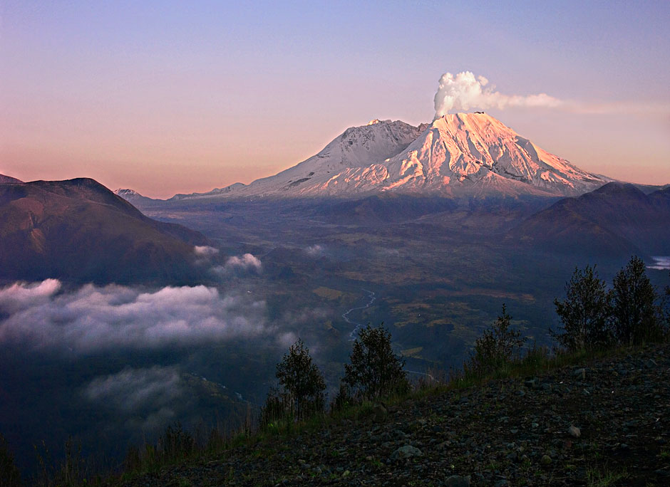 Buy this Erupting steam, Mt St. Helens Alpenglow photograph