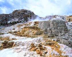 Minerva Terrace; Mammoth Hot Springs; travertine terraces made of limestone (calcium carbonate)